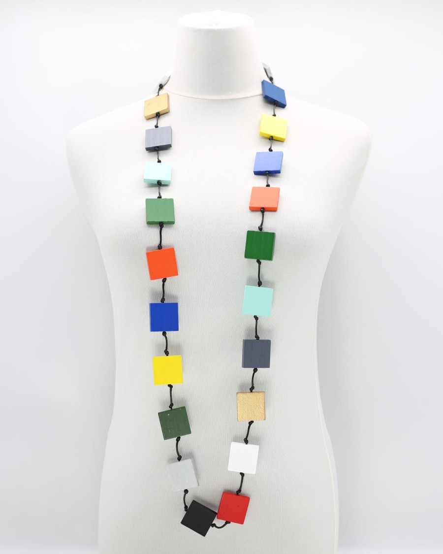 ALEMBIKA Recycled Wood Square Beads Necklace, Multicolor