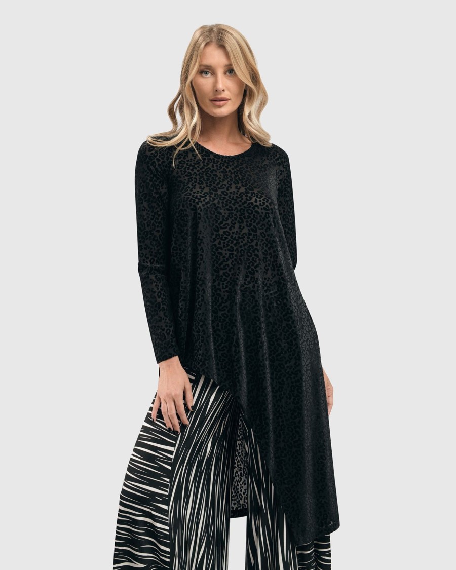 ALEMBIKA Leo Flocked Velvet Hi-Lo Tunic Top, Black