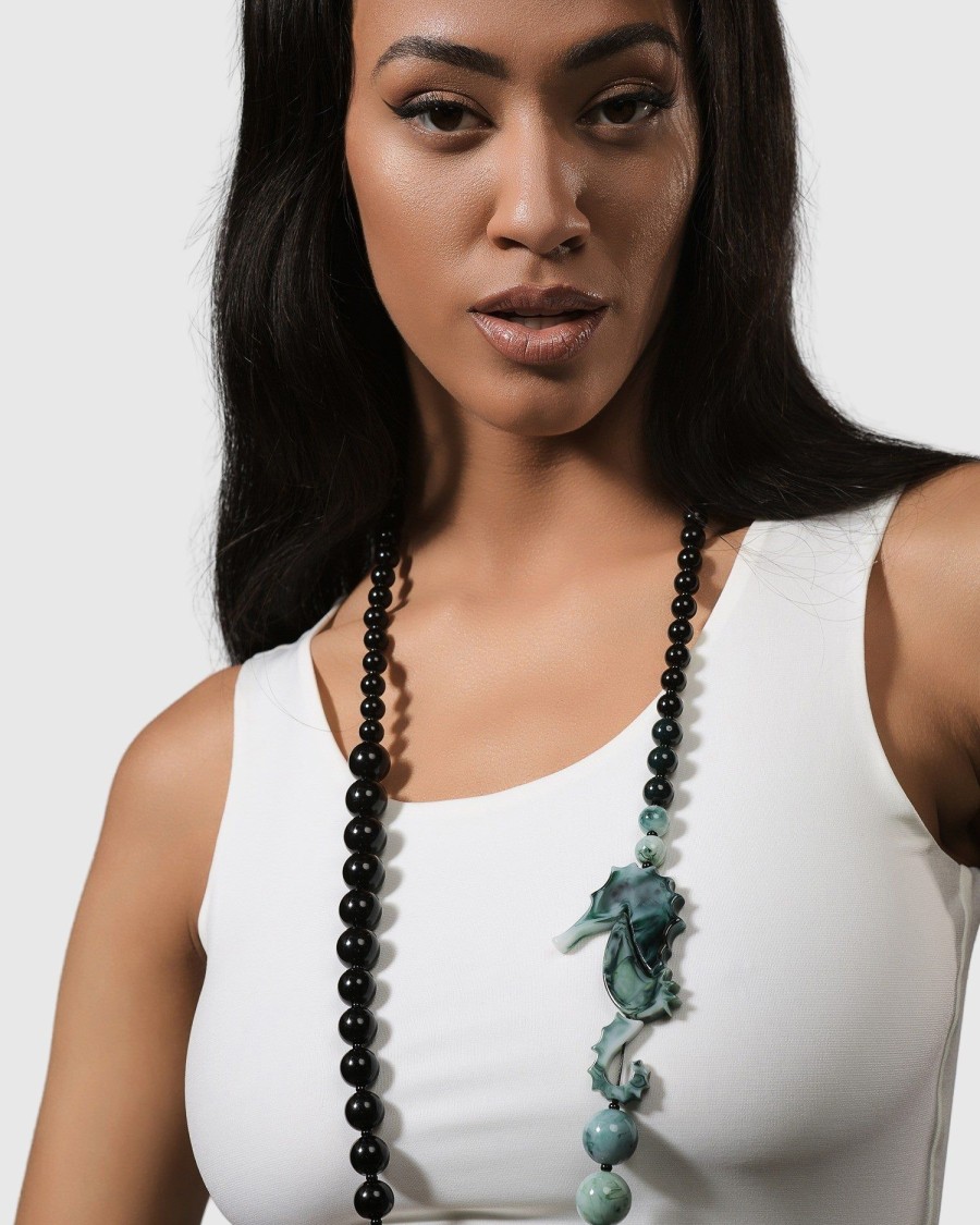 ALEMBIKA Seahorse Bead Necklace, Sea Green