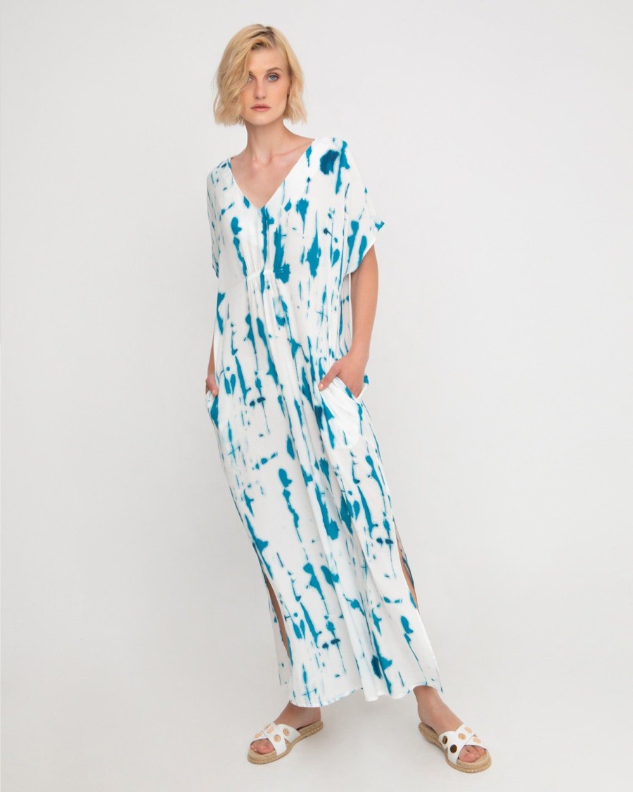 ALEMBIKA Ozai N Ku Island Relaxed Maxi Dress, White/Turquoise