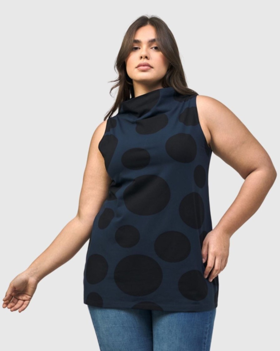 ALEMBIKA Urban Dots Sleeveless Mockneck Top, Navy