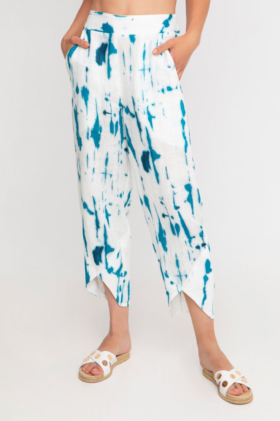 ALEMBIKA Ozai N Ku Island Linen Tulip Pants, White/Turquoise